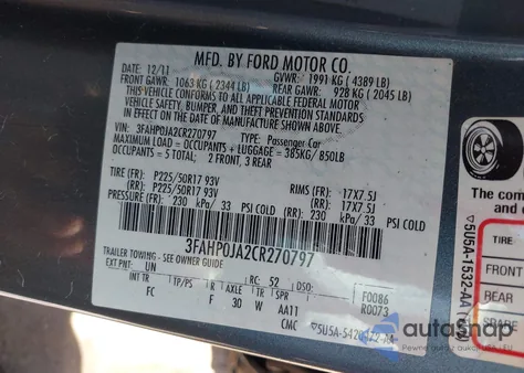 2012 Ford Fusion Sel from USA, damaged, VIN 3FAHP0JA2CR270797